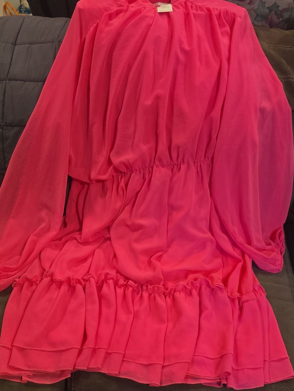 Long Sleeve Ruffle Hem Dress in Bright Pink
